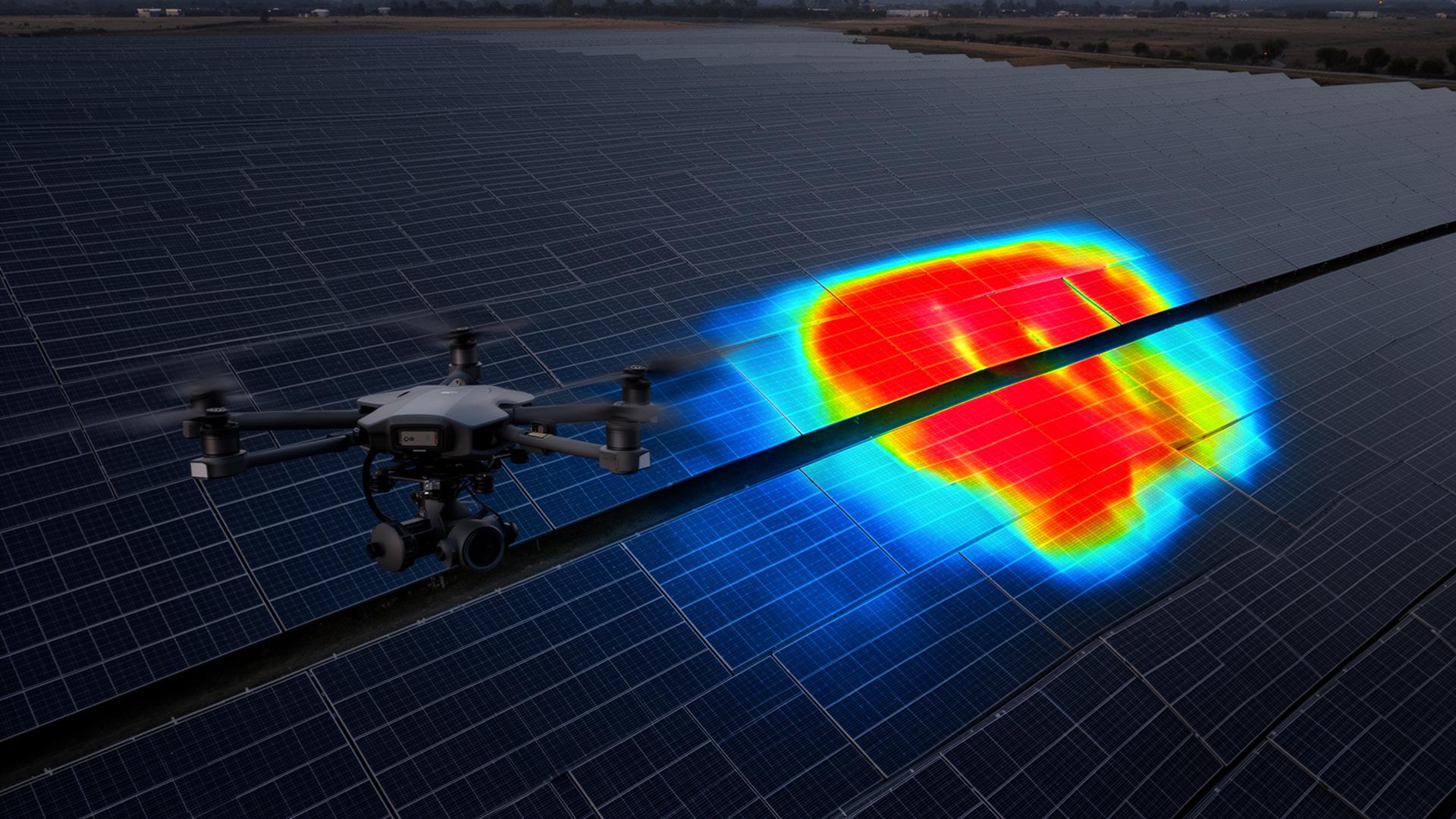 Inspektionsdrohne mit Wärmebild-Overlay über industriellem Solarpark